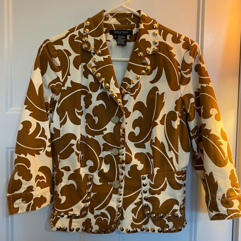 ETCETRA vintage tan & cream jacket w/ gold stud trim all around.  3/4 sleeves